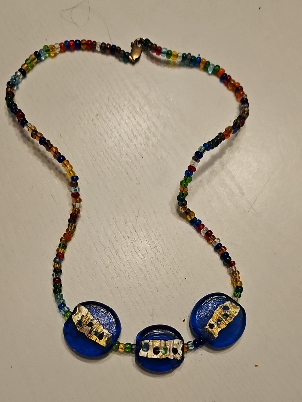 Multicolor Seed Bead Necklace with Blue Glass Pendants